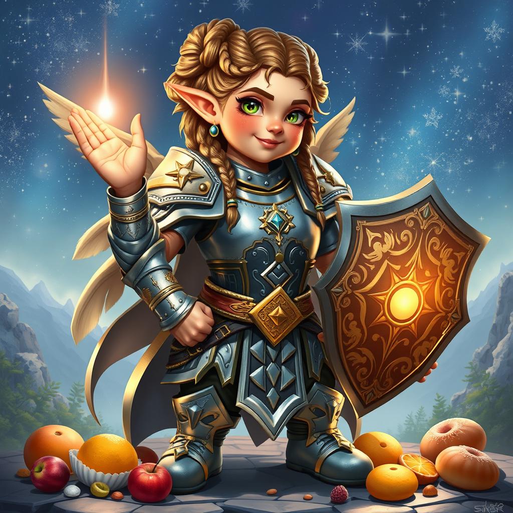 A female dwarf celestial cleric, depicted in a fantastical setting, stands proudly