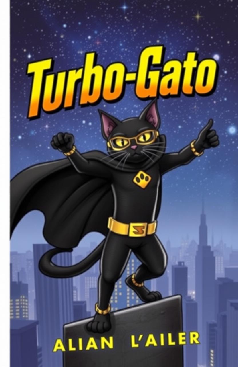 A thrilling book cover for an adventure novel featuring a black cat superhero