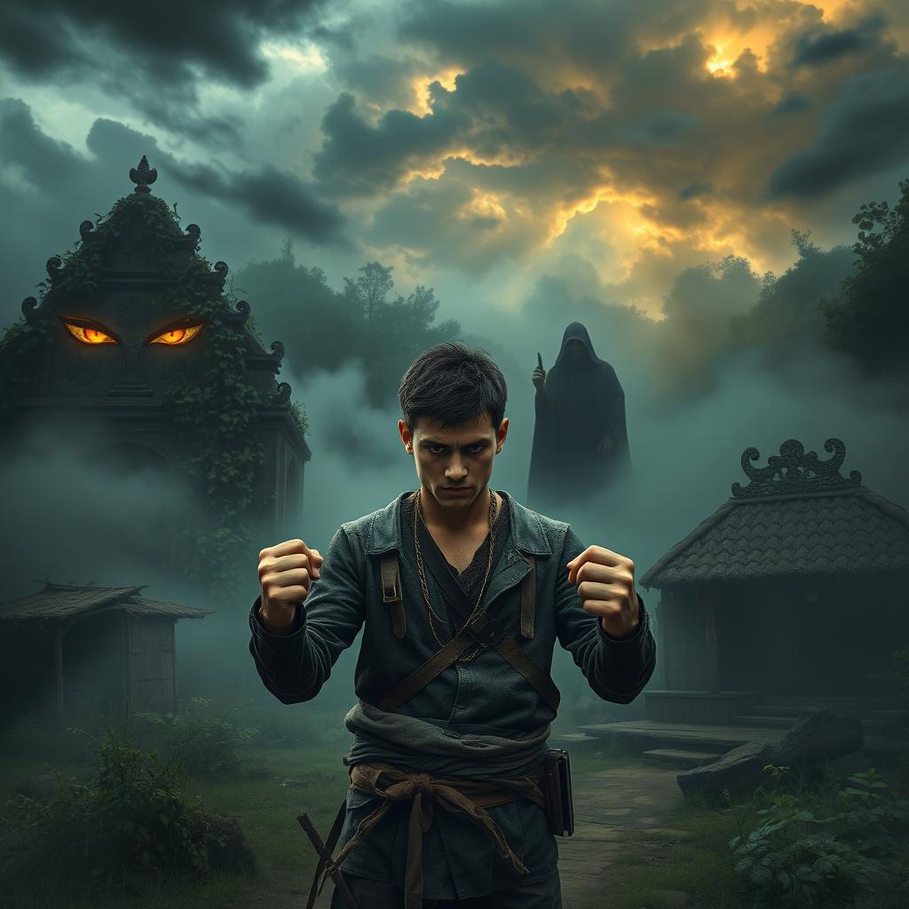 A dark and eerie rural village surrounded by thick fog, featuring ancient temple ruins overgrown with vines