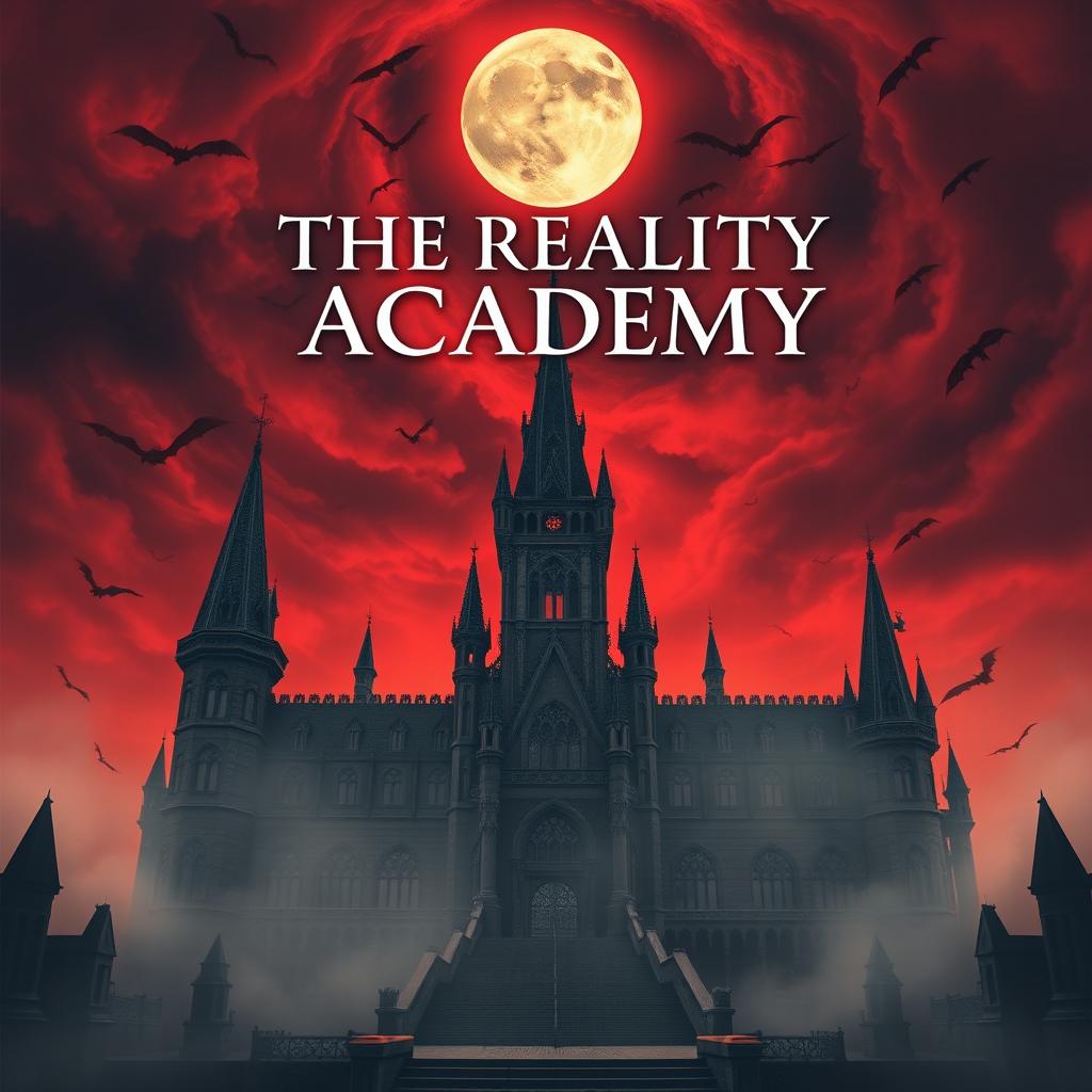 A book cover showcasing a distant view of a grand, magical academy, imbued with an eerie fantasy atmosphere