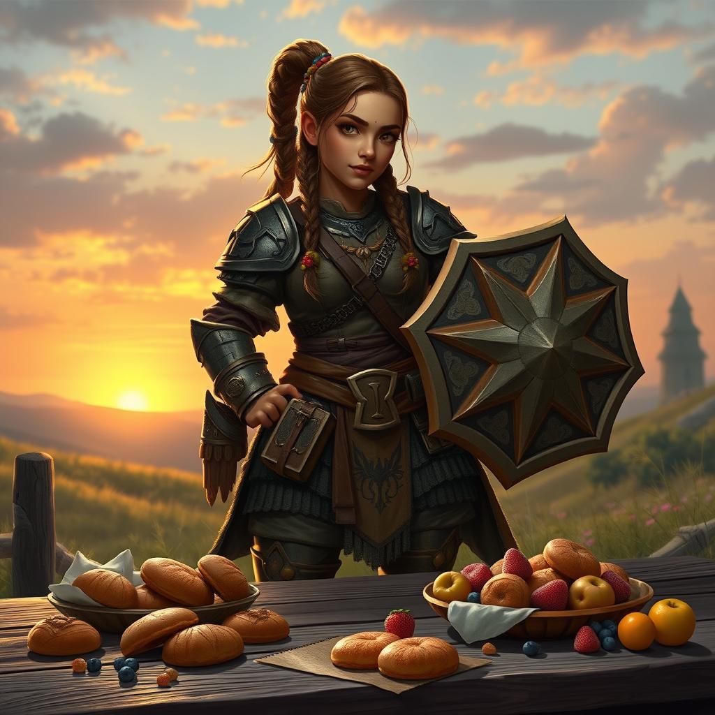 A realistic depiction of a female dwarf cleric standing in a serene fantasy landscape