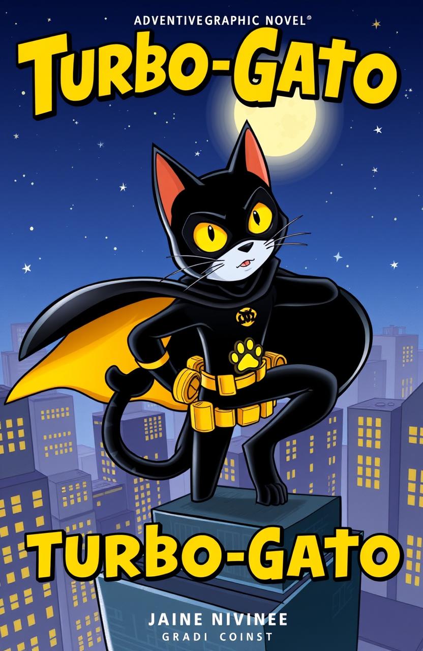 A vibrant book cover for an adventurous graphic novel titled 'Turbo-Gato'