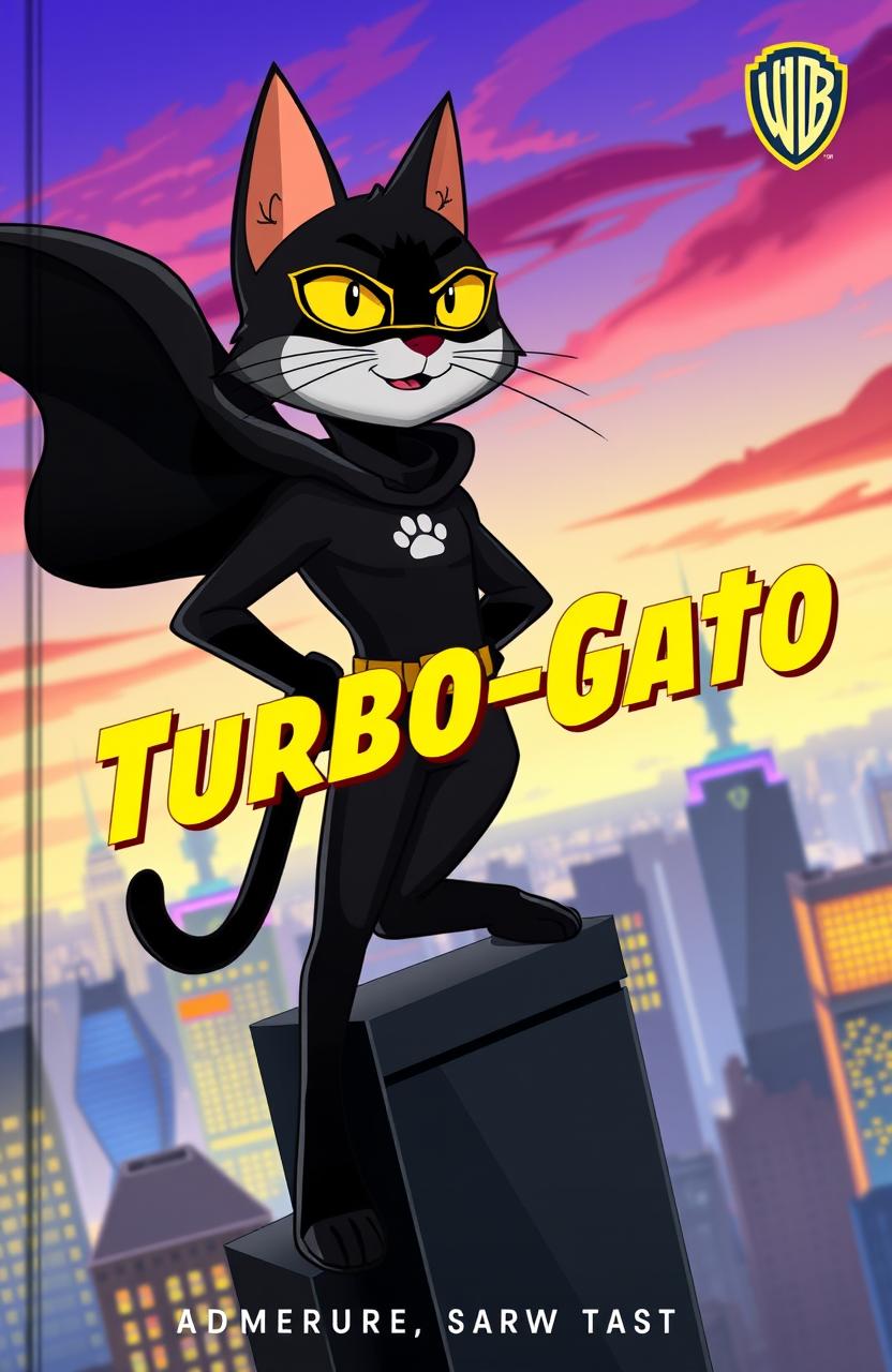 A vibrant and dynamic book cover for an adventure story featuring a black cat superhero named Turbo-Gato
