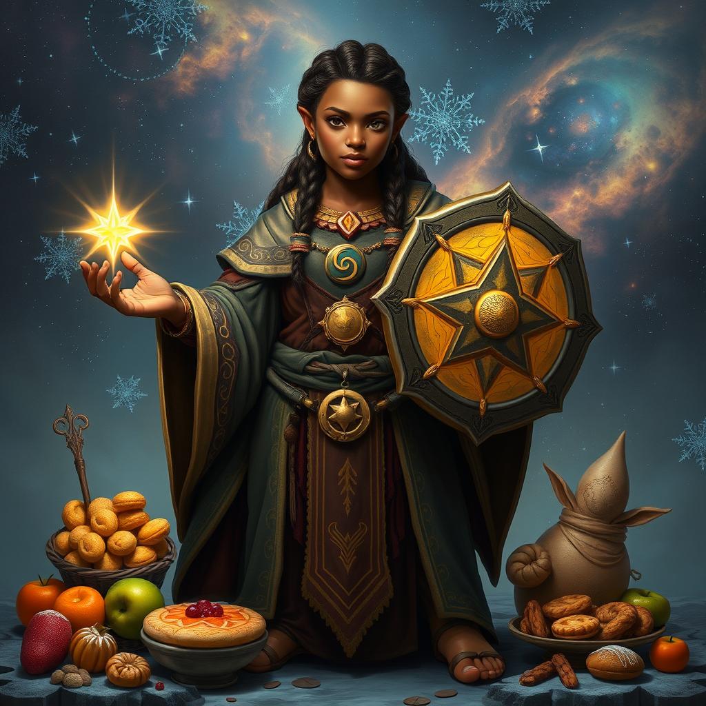 A realistic female brown dwarf cleric standing confidently, dressed in intricate robes adorned with mystical symbols