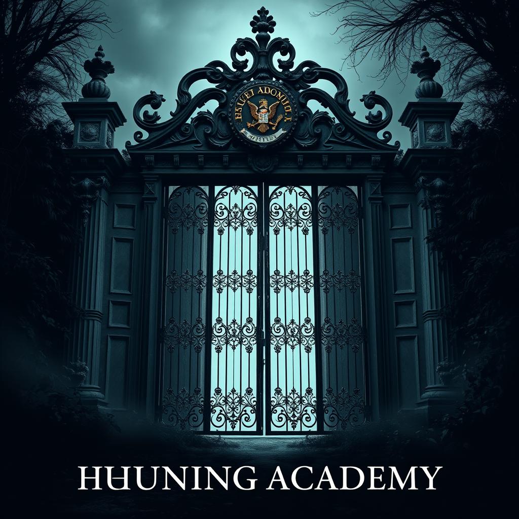 A book cover featuring the imposing front view of a huge, black academy gate, exuding an atmosphere of abandonment and slight eeriness