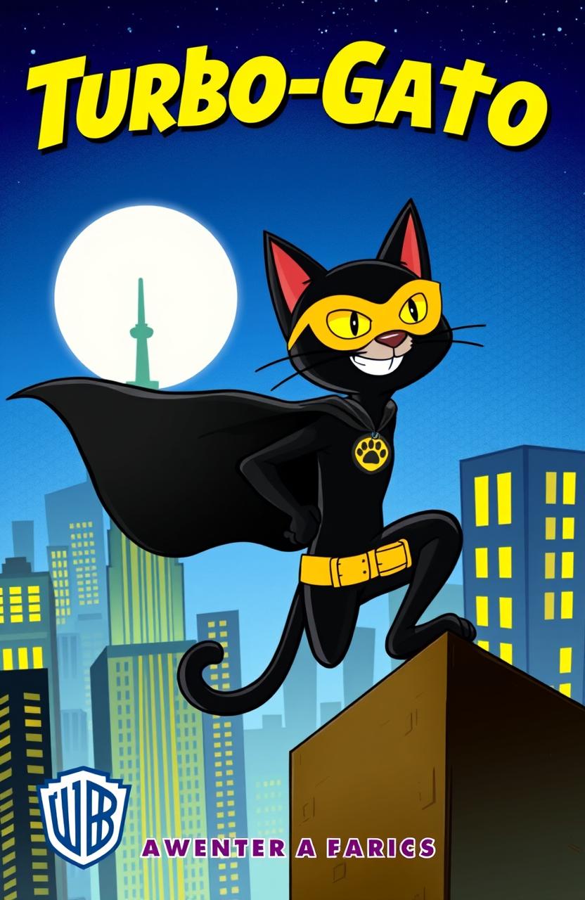 A vibrant book cover for an adventure story featuring a heroic black cat named Turbo-Gato