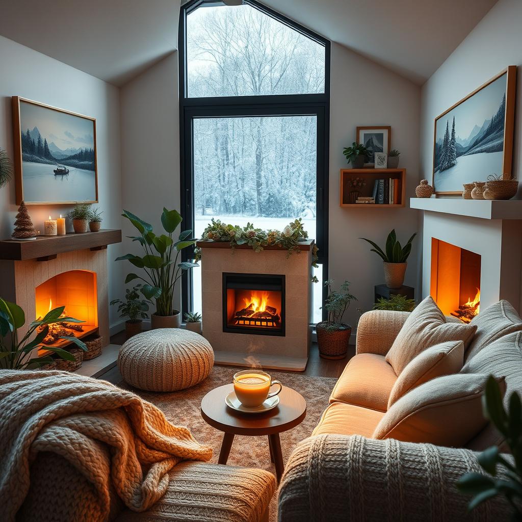 A cozy living room with a warm fireplace, soft plush furniture, and inviting decor