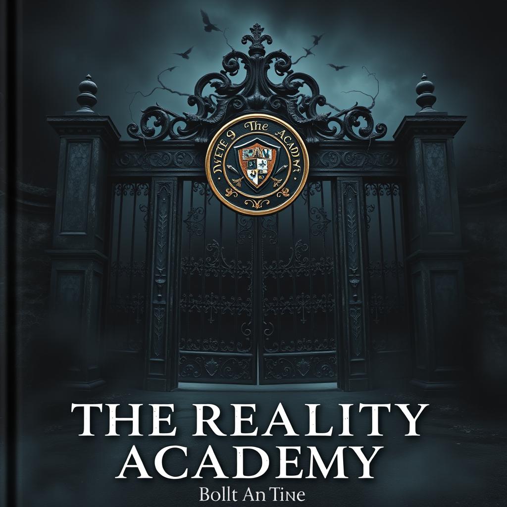 A book cover featuring the front view of a huge, imposing black academy gate, set against a dark and moody background