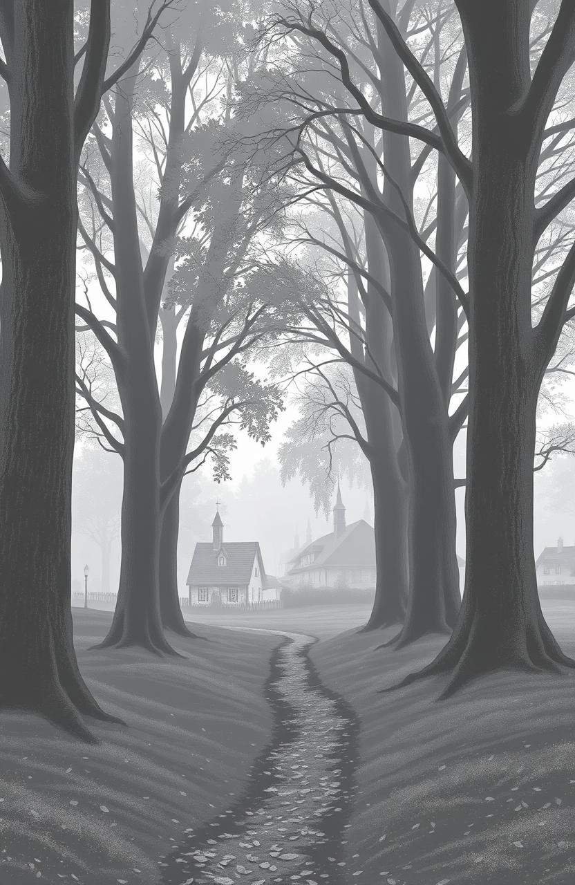 A serene village forest scene depicted in various shades of grey