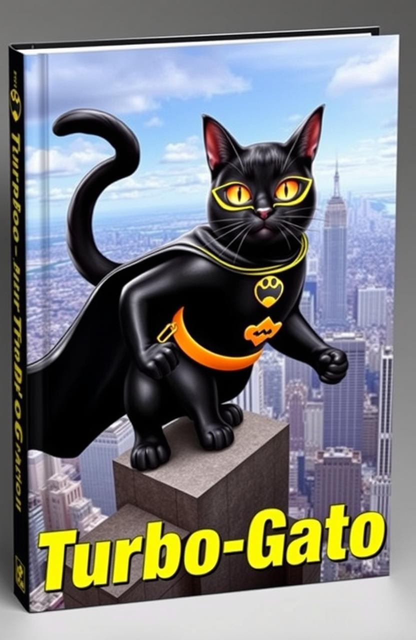 A thrilling book cover featuring a black superhero cat, wearing a sleek black suit adorned with vibrant yellow accents