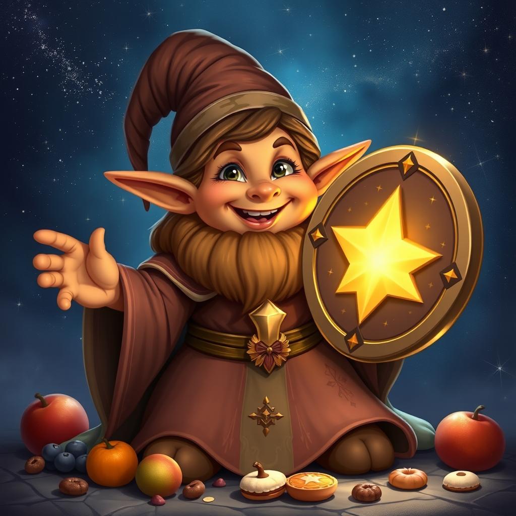 A friendly, realistic female brown dwarf cleric with warm brown skin and a welcoming smile