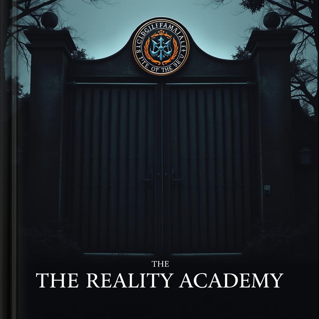A book cover featuring a front view of a huge, plain black academy gate, imposing and mysterious, with no visibility into what lies beyond