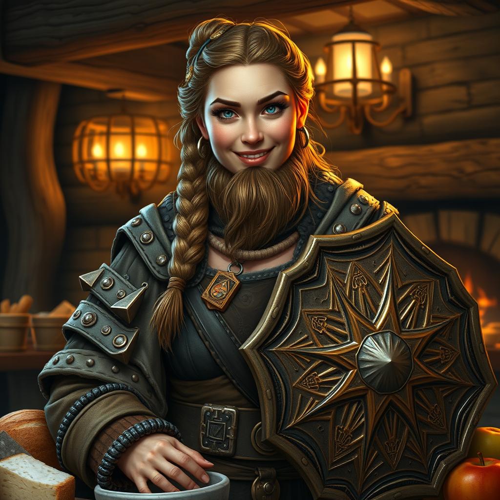 A realistic female dwarf cleric with rugged features and a warm expression