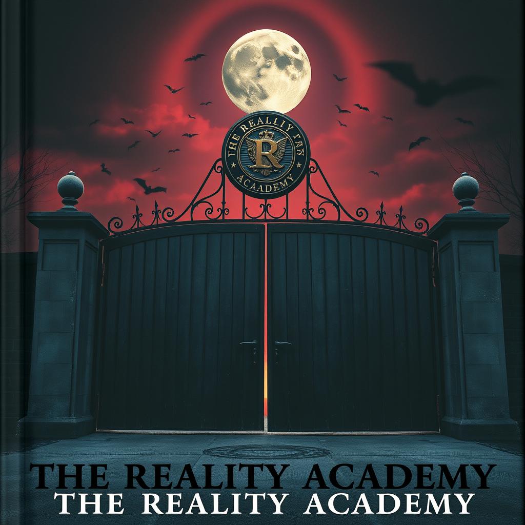 A book cover featuring the front view of a huge, plain black academy gate that stands ominously, concealing the darkness beyond