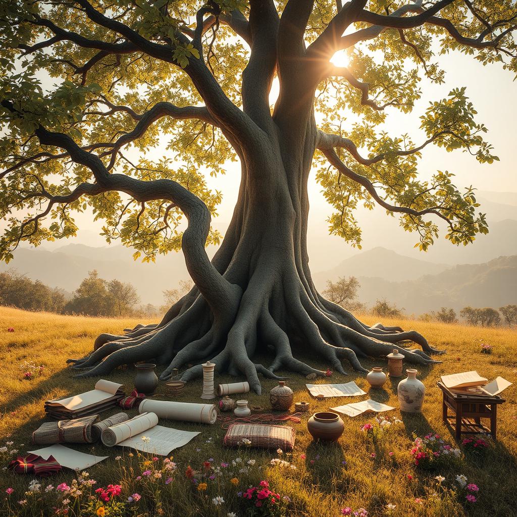 The theme of 'weight of tradition' depicted through a serene landscape featuring a large, ancient tree with deep roots and a thick trunk, symbolizing the strength of tradition