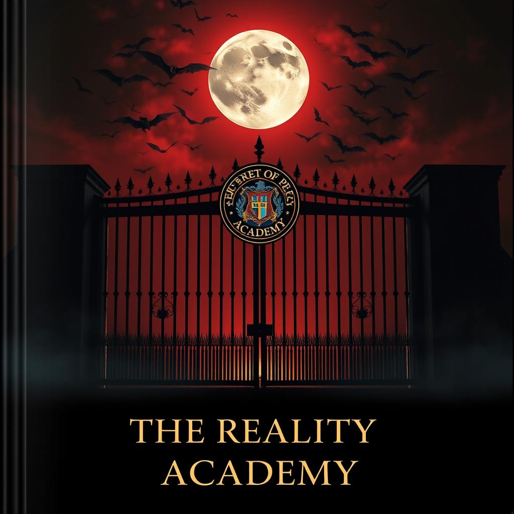 A book cover showcasing the front view of a massive, plain black academy gate that looms ominously, obscuring any view of what lies beyond