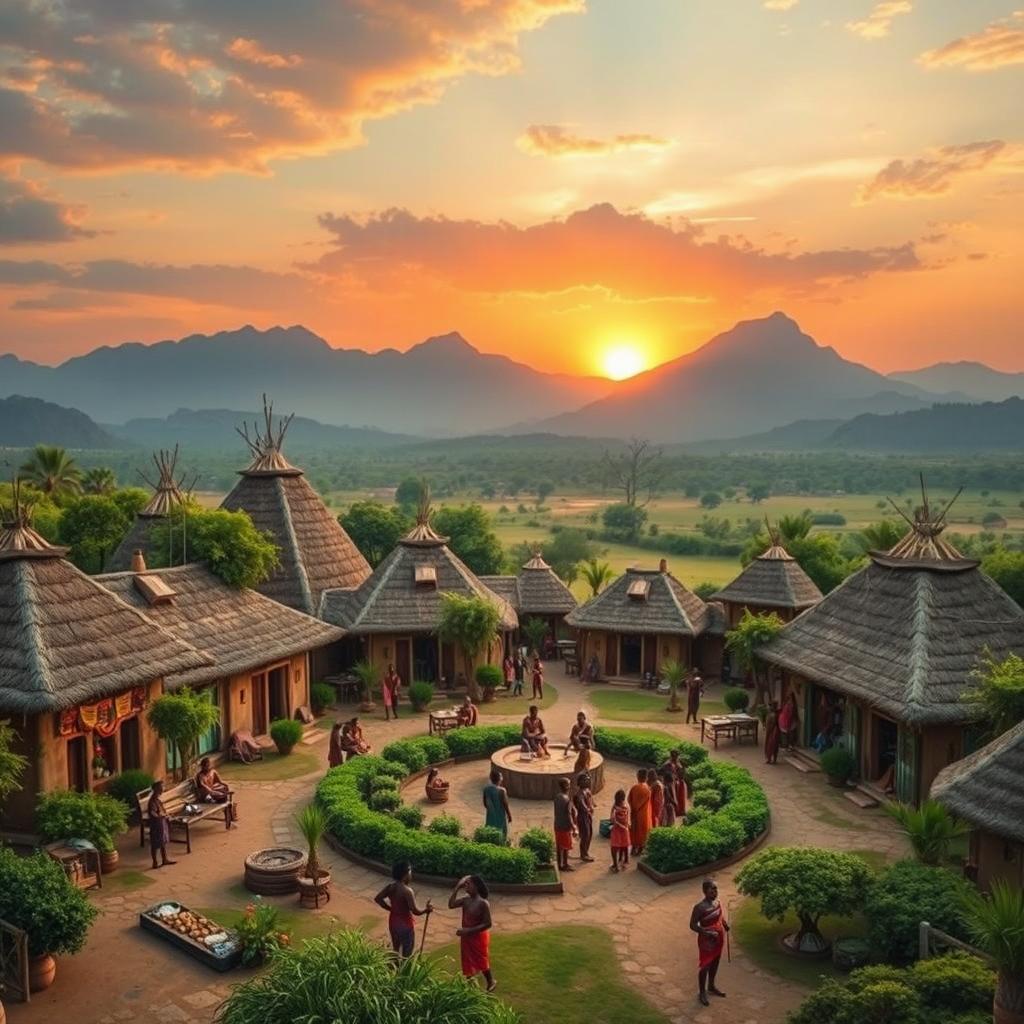A majestic African kingdom village, showcasing intricate mud huts with thatched roofs, lush greenery surrounding a central gathering space, and vibrant tribal decorations