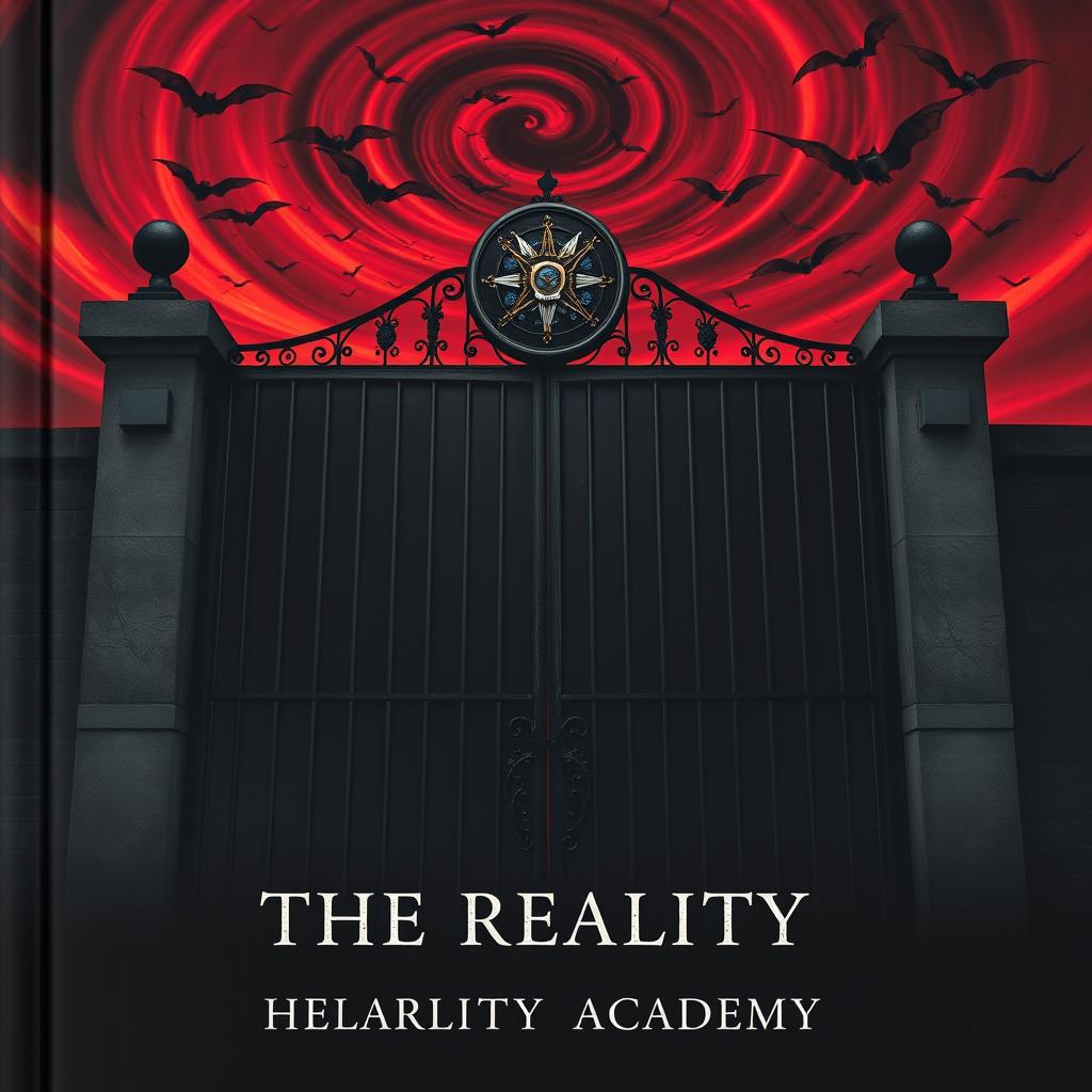 A book cover designed from the front view of a massive, imposing black academy gate, plain yet forbidding, completely obscuring any vision of what lies beyond