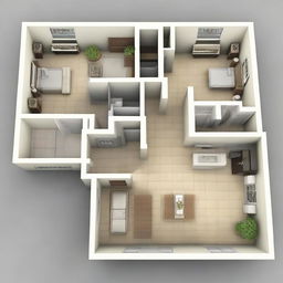 An architectural design of a 3-bedroom floor plan fitting a 23 ft x 60 ft space. Include areas such as kitchen, living room, and bathrooms, ensuring the layout is intuitive and efficient.