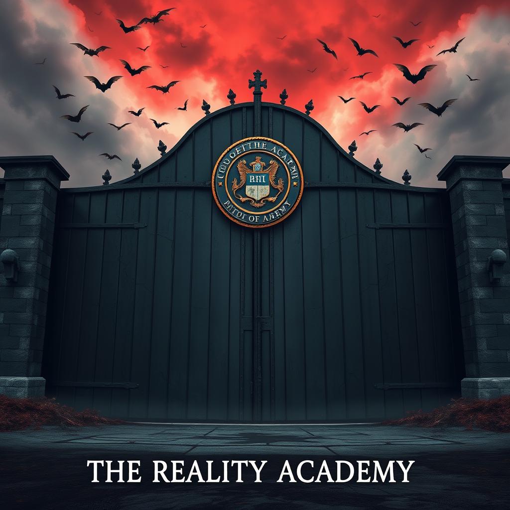 A book cover illustrating the front view of a massive, plain black academy gate that looms ominously, fully concealing the mysteries inside
