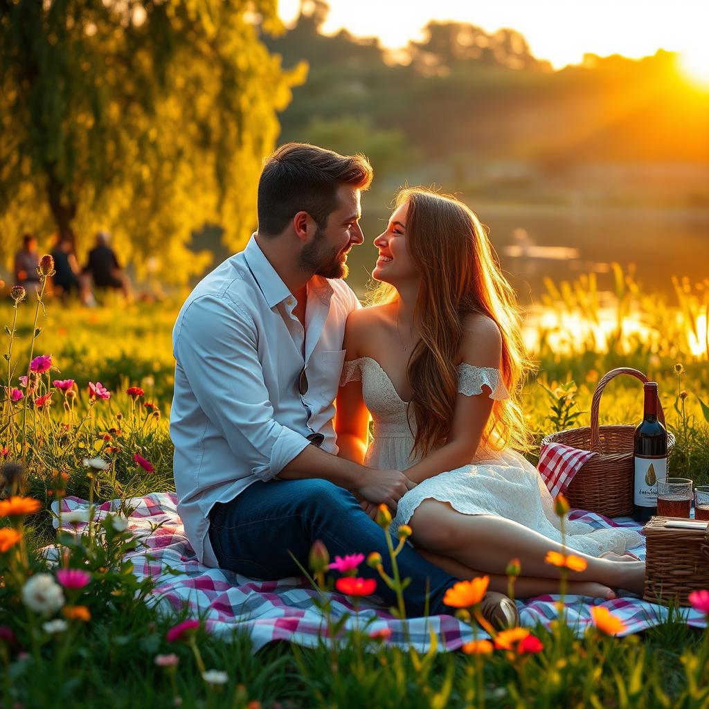 A romantic scene set in a beautiful, sunlit park during golden hour