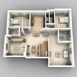 An architectural design of a 3-bedroom floor plan fitting a 23 ft x 60 ft space. Include areas such as kitchen, living room, and bathrooms, ensuring the layout is intuitive and efficient.