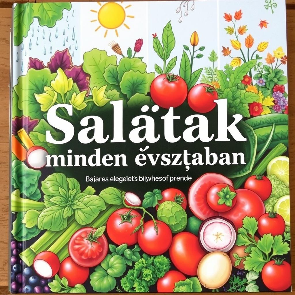 A beautifully illustrated cover for a gardening book titled 'Saláták minden évszakban' (Salads in Every Season)