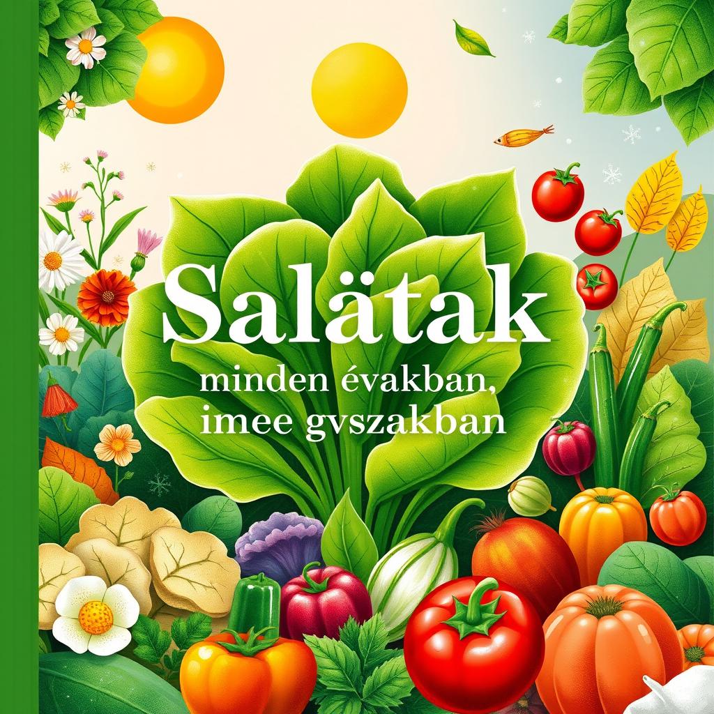 A beautifully illustrated cover for a beginner's gardening book titled 'Saláták minden évszakban', focusing on growing various types of salad throughout all seasons