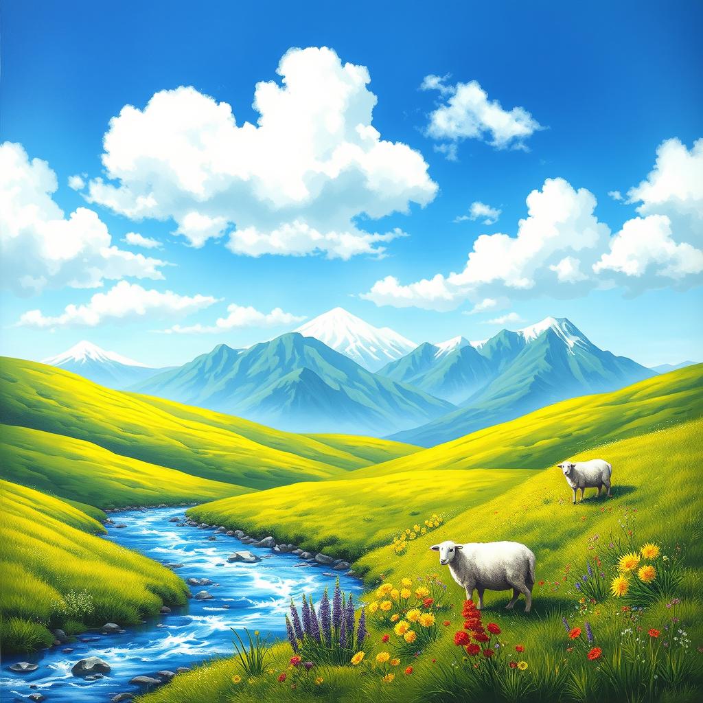 A serene landscape painting featuring lush green rolling hills under a clear blue sky with fluffy white clouds
