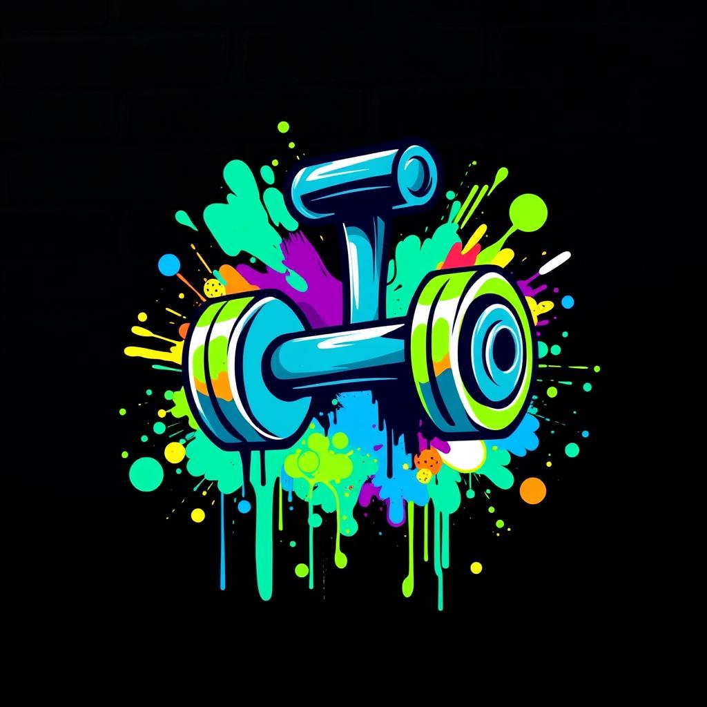 A vibrant graffiti art style logo featuring a dumbbell