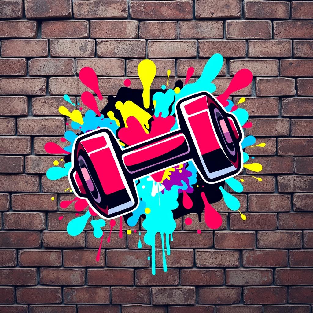 A vibrant graffiti art style logo featuring a dumbbell, incorporating a fusion of energetic colors like bright reds, blues, and greens