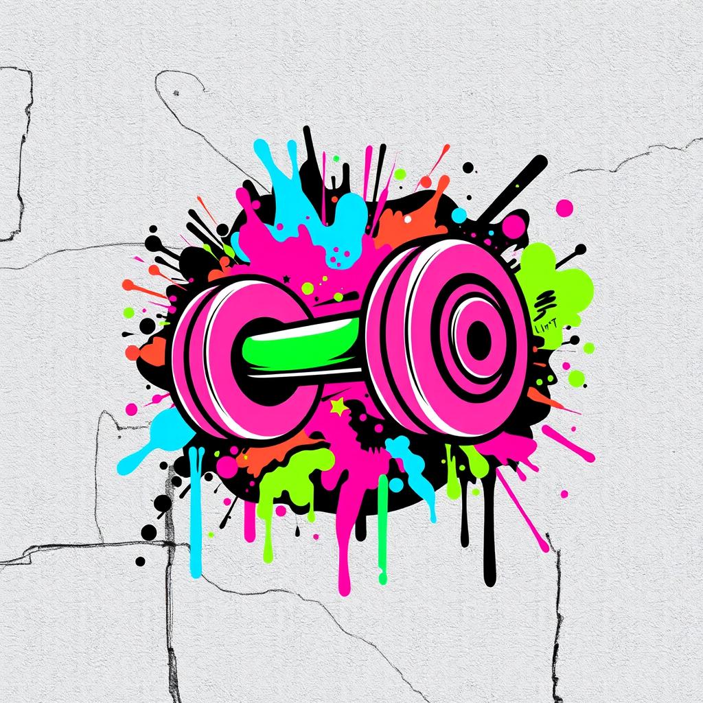 A dynamic graffiti art logo featuring a bold dumbbell at the center