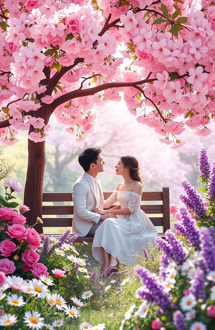 A romantic scene inspired by the novel 'Whispers of the Heart', set in a picturesque garden filled with vibrant and colorful flowers