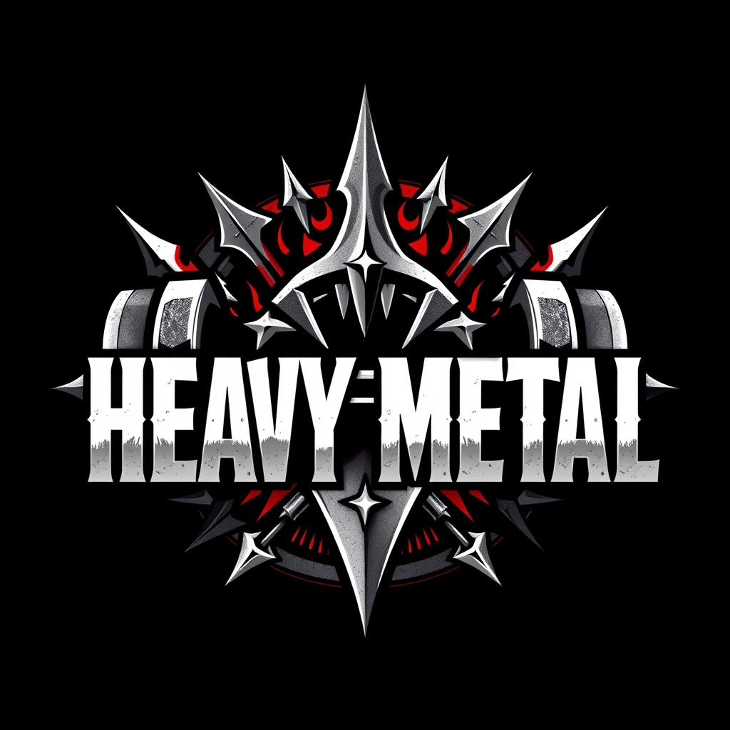 A bold and striking logo design featuring a heavy metal music theme, incorporating a dumbbell as the central motif