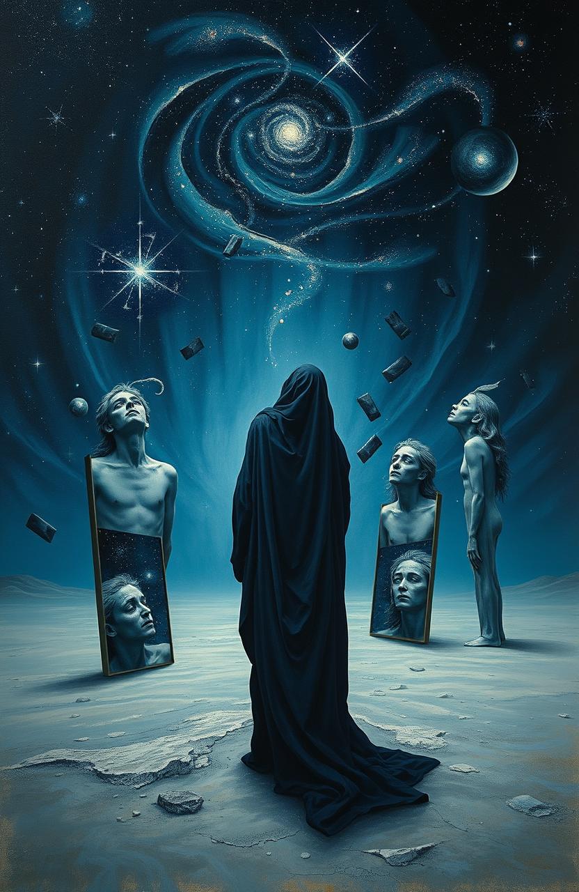 A thought-provoking representation of alienation, existentialism, and nihilism, depicting a solitary figure standing in a desolate, abstract landscape