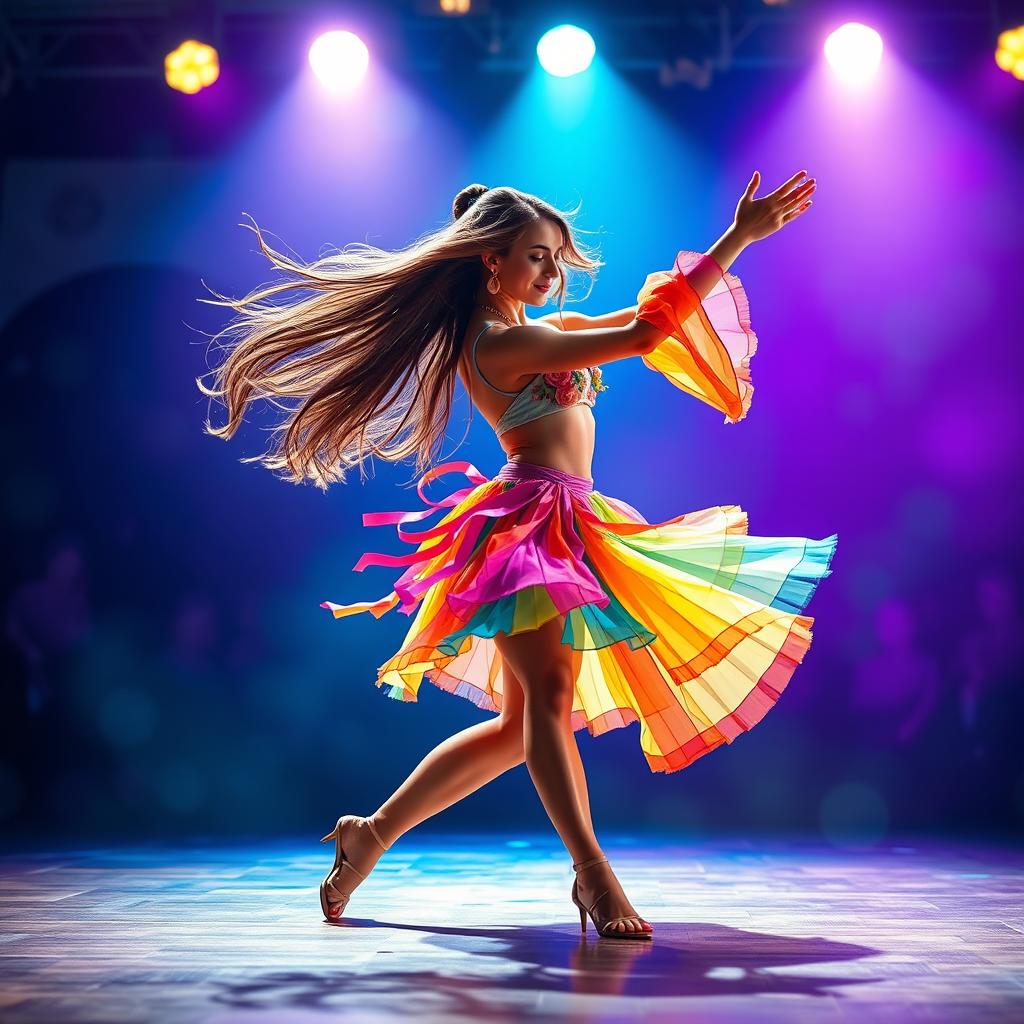 A dynamic and vibrant dance scene featuring a skilled female dancer in a colorful costume, performing an expressive pose on a stage