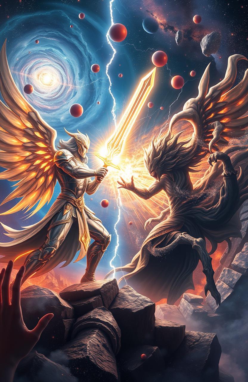 An epic battle scene depicting an immortal god and a void god engaged in a fierce fight