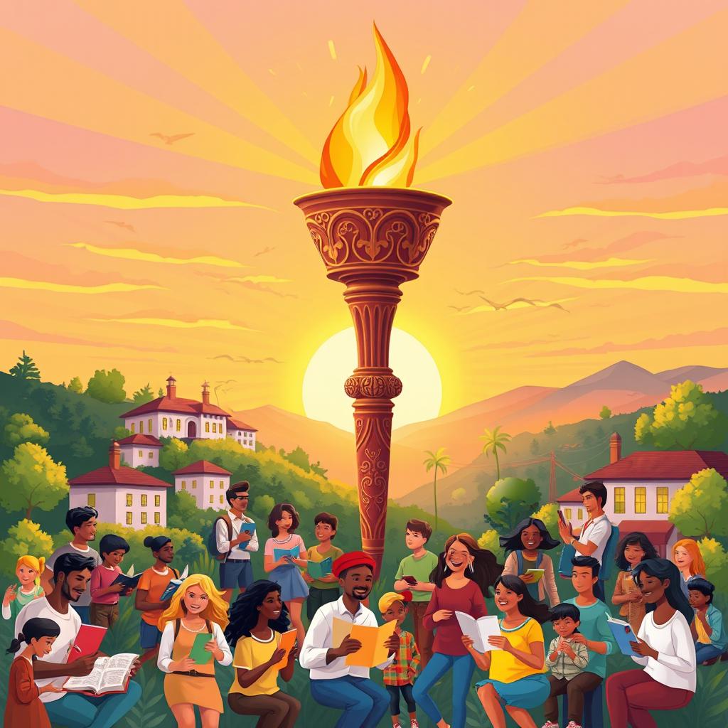 A vibrant cover page illustration depicting a large torch symbolizing education, radiating warm light that illuminates a diverse community below