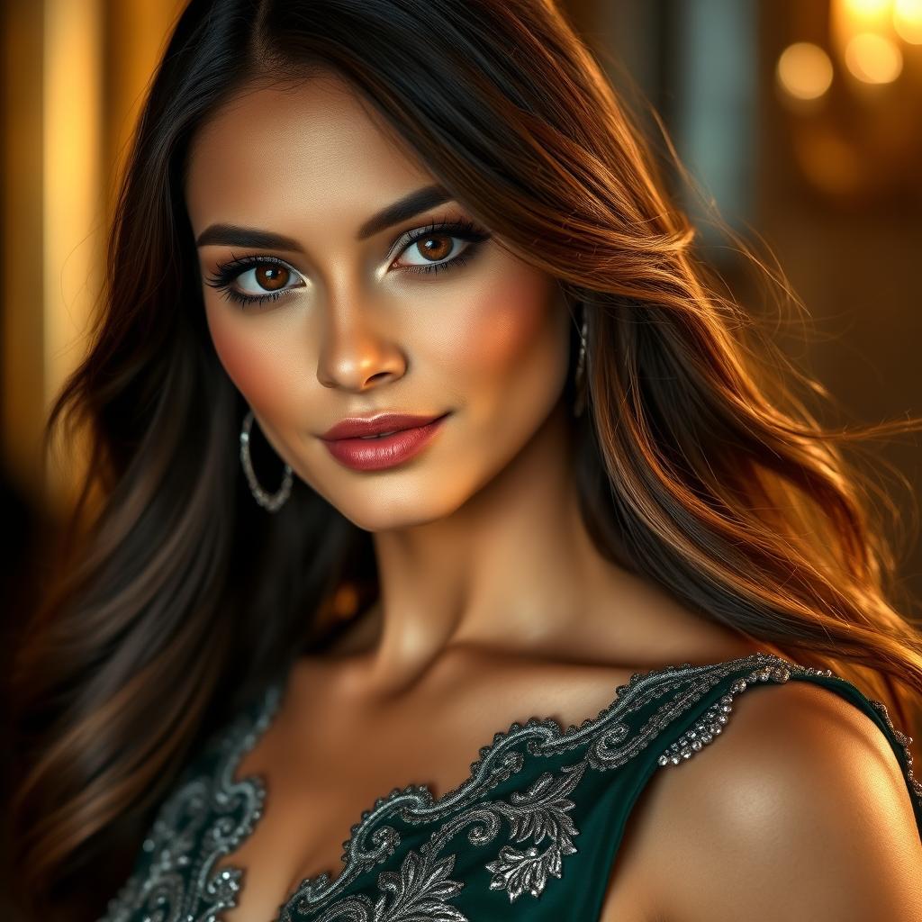 A close-up portrait of a confident and elegant woman with long flowing hair, wearing an exquisite evening gown