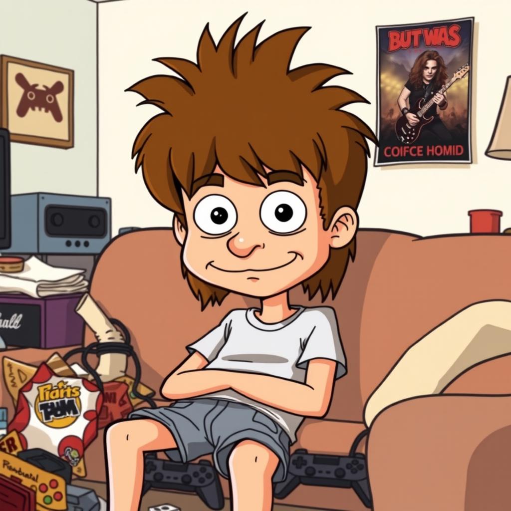 A cartoon character inspired by classic 90s animation, with a prominent underbite and distinctive shaggy brown hair styled in a mullet