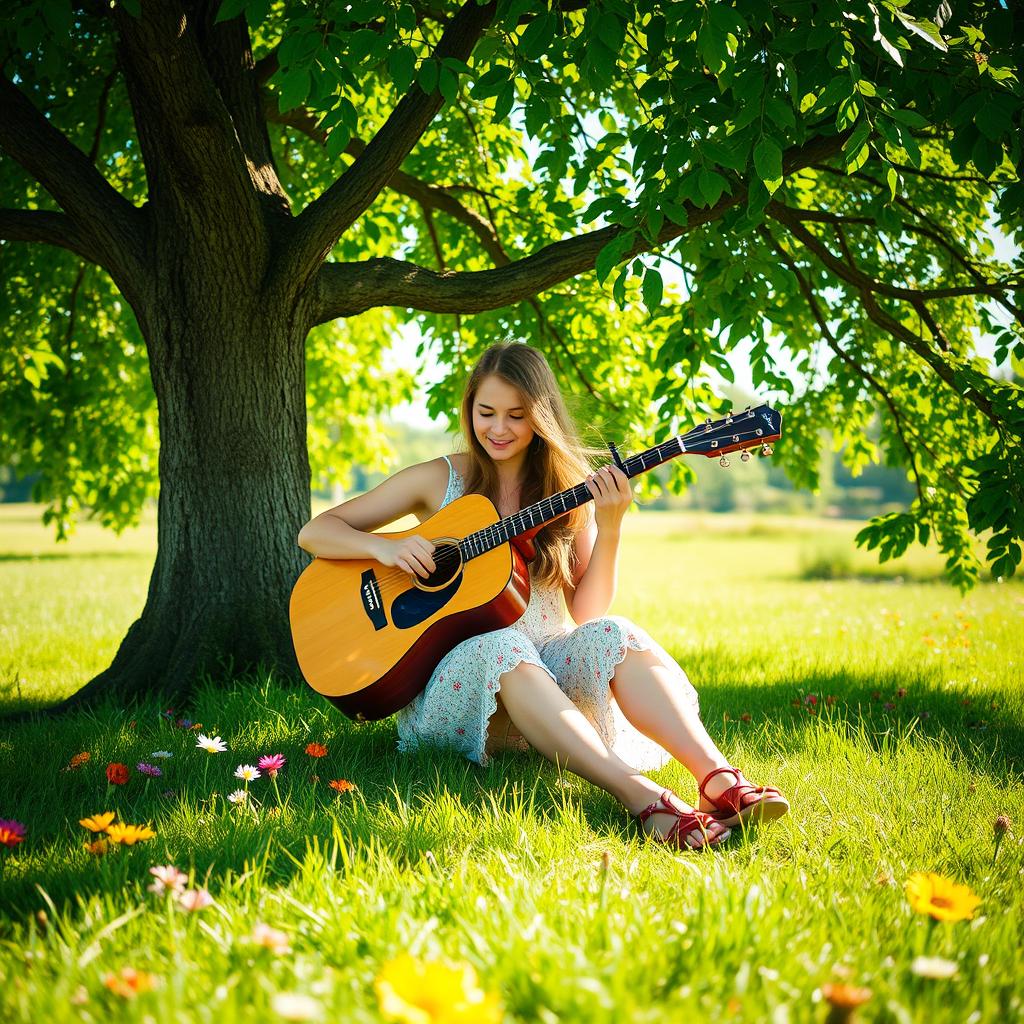 A young woman sitting under a large, leafy tree, strumming a guitar