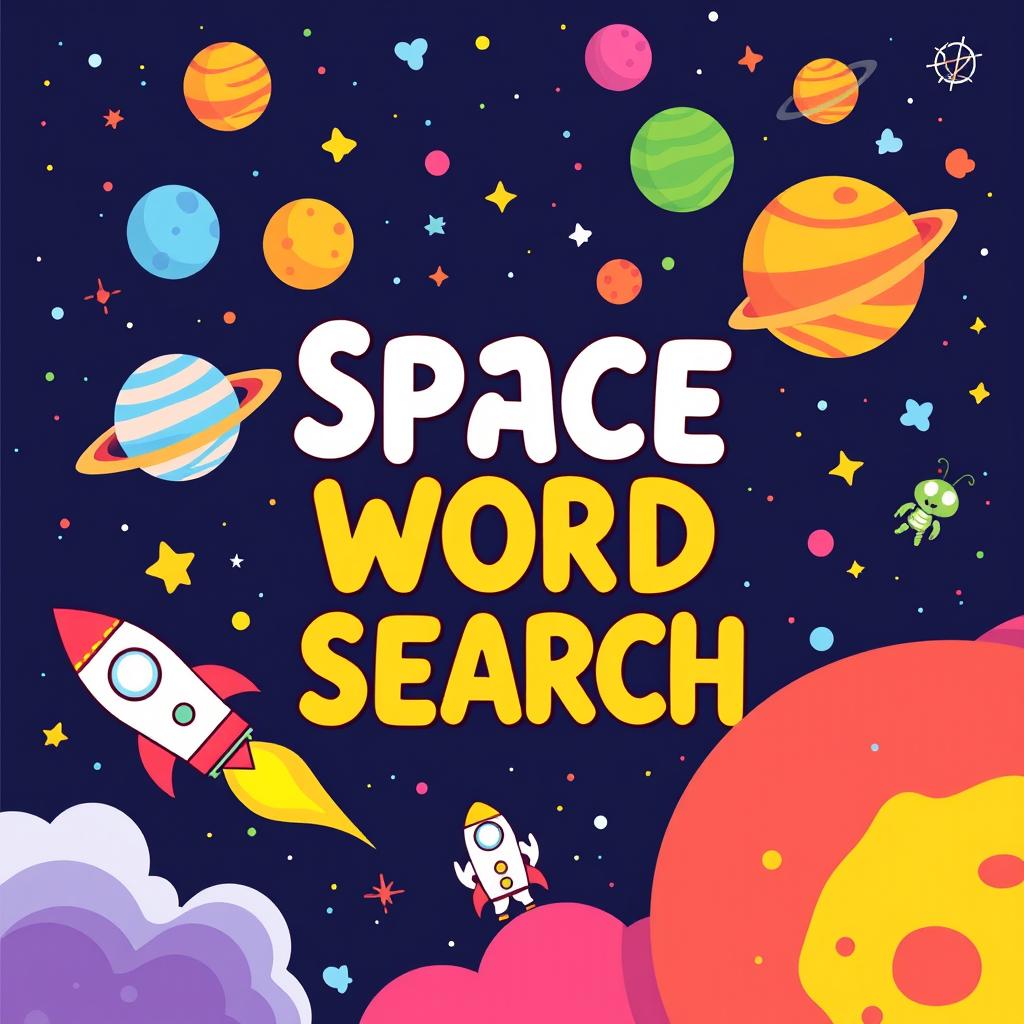 A vibrant and fun modern space themed word search cover, featuring a colorful outer space background filled with planets, stars, and colorful nebulae