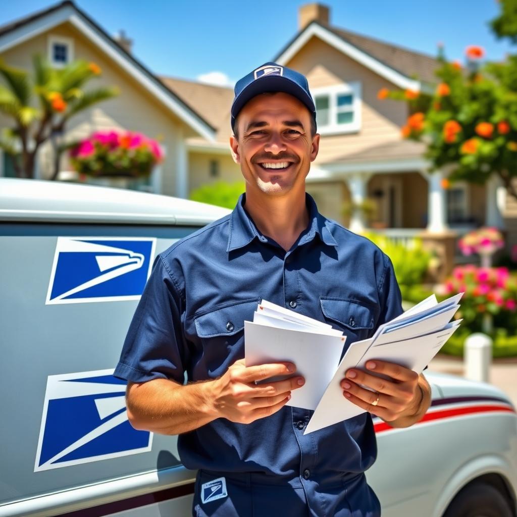 A male mail carrier with a warm smile, dressed in a classic postal uniform including a navy blue shirt and cap, is delivering mail