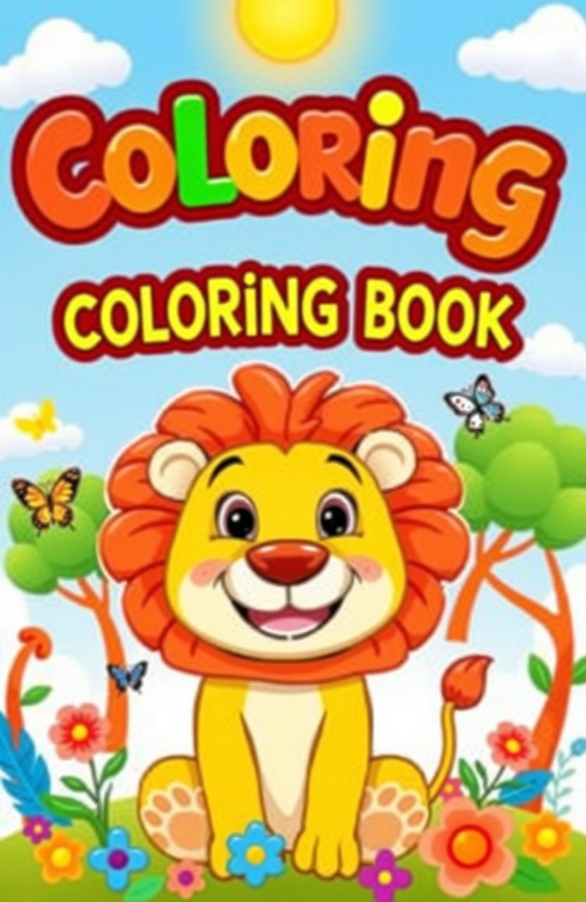 A vibrant and playful book cover for a children's coloring book, showcasing a friendly, cartoon-style lion with a big smile