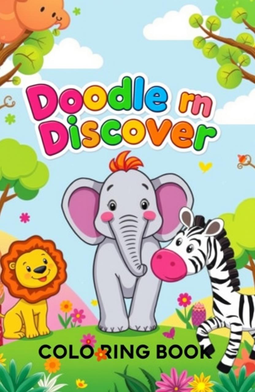 A vibrant and playful cover page for a children's coloring book titled 'Doodle n Discover'