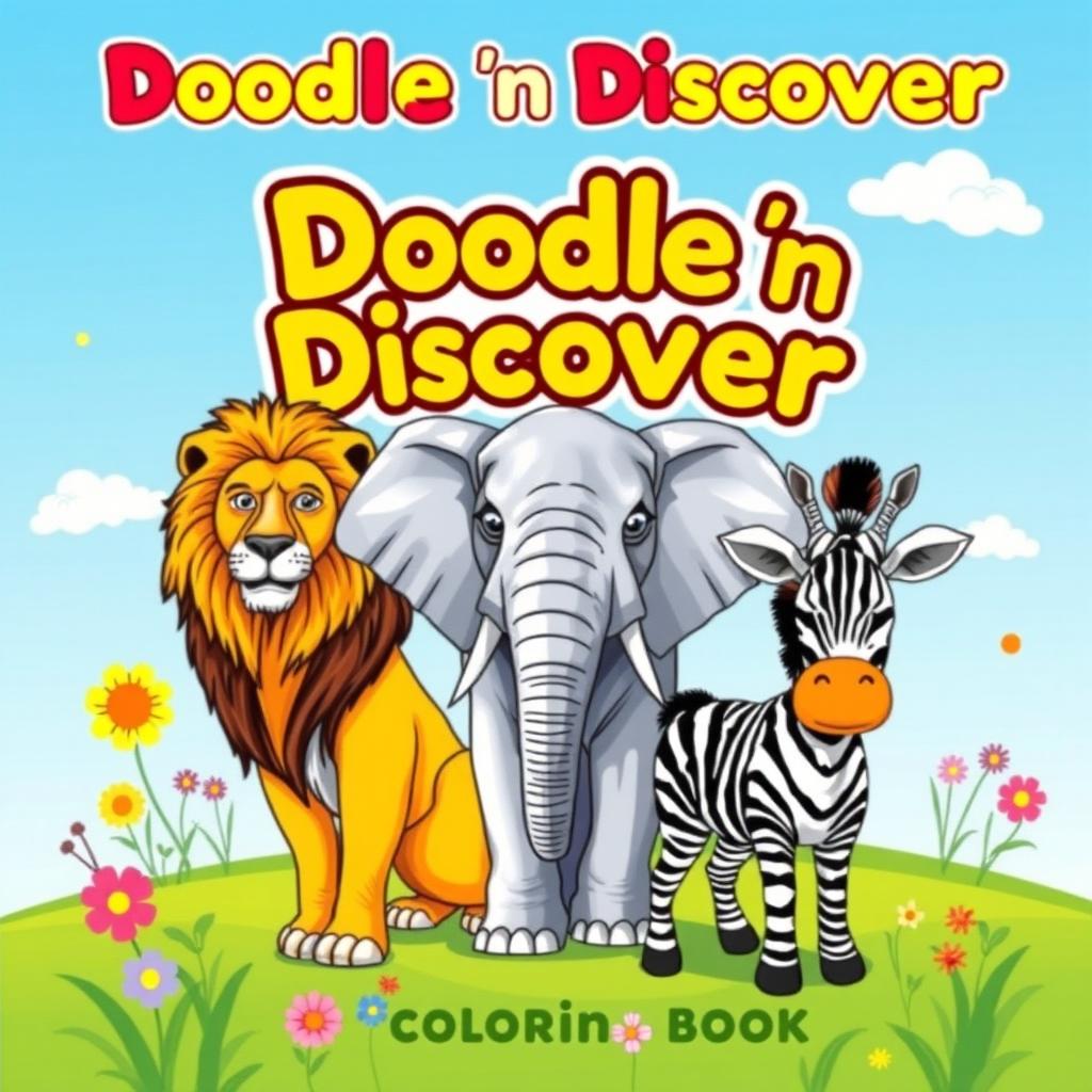 A captivating cover page for a children's coloring book titled 'Doodle n Discover'