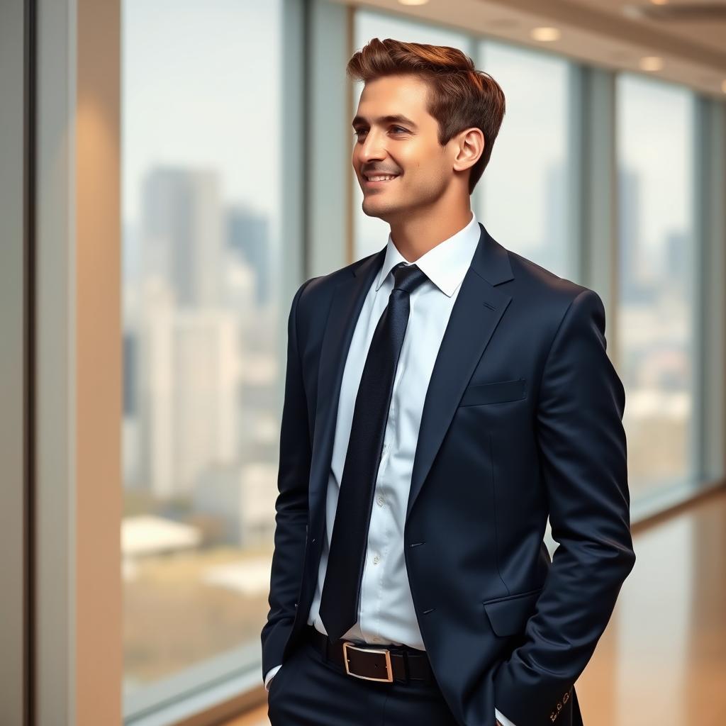 A professional man in a corporate environment, standing with a good posture for a profile photoshoot