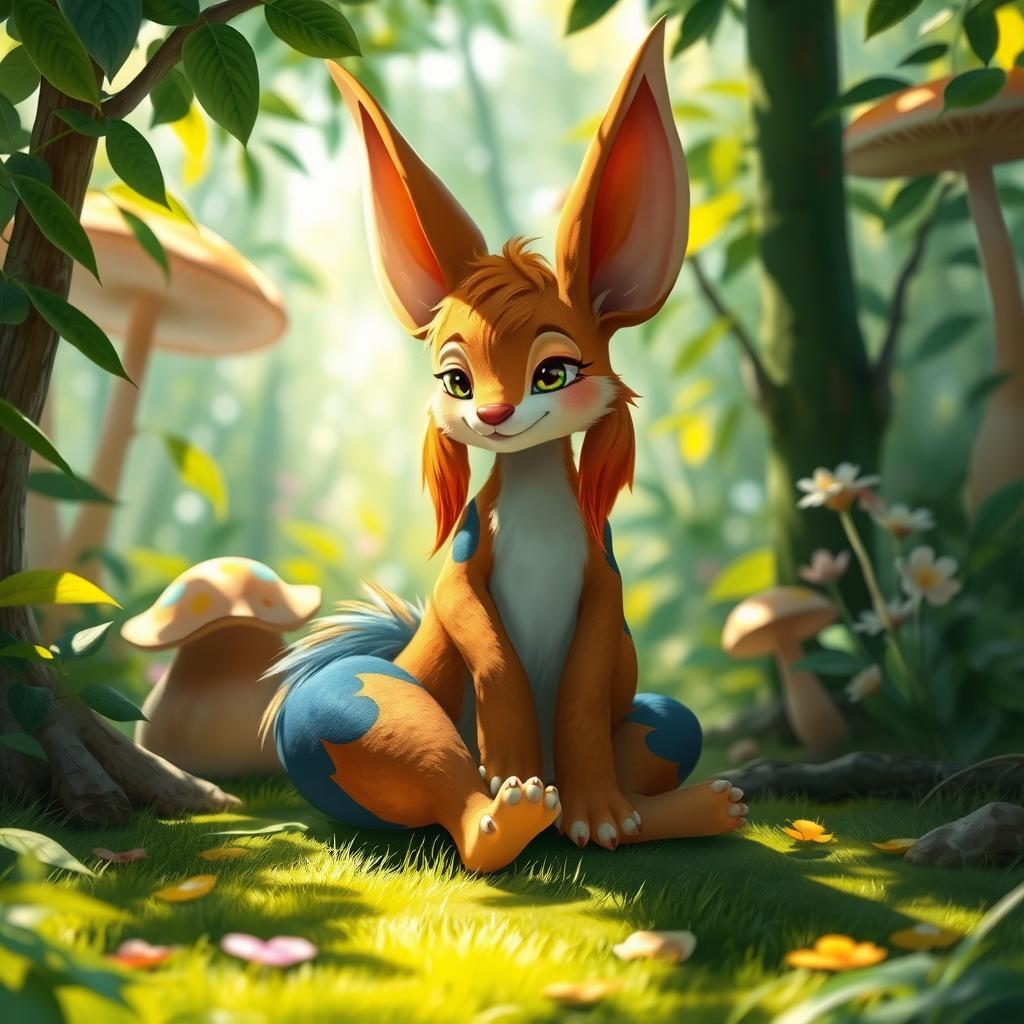 A whimsical, anthropomorphic creature with long, floppy ears sitting playfully in a lush, vibrant forest