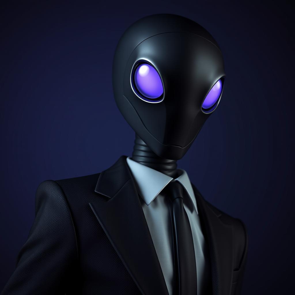A close-up portrait of an Enderman dressed in a sleek, elegant suit, with its tall and slender figure accentuated by the tailored outfit
