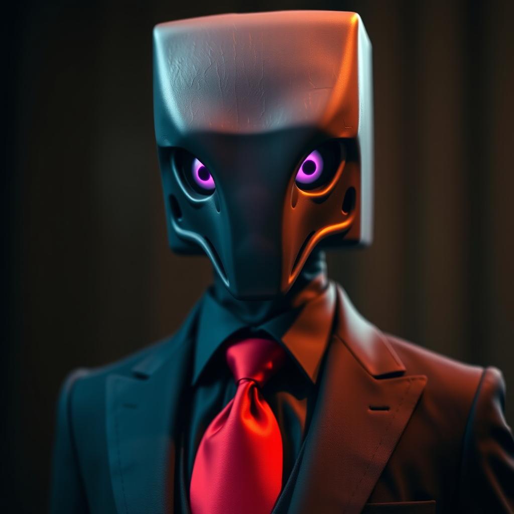 A close-up portrait of an Enderman character dressed in an elegant suit, featuring a distinctive red tie